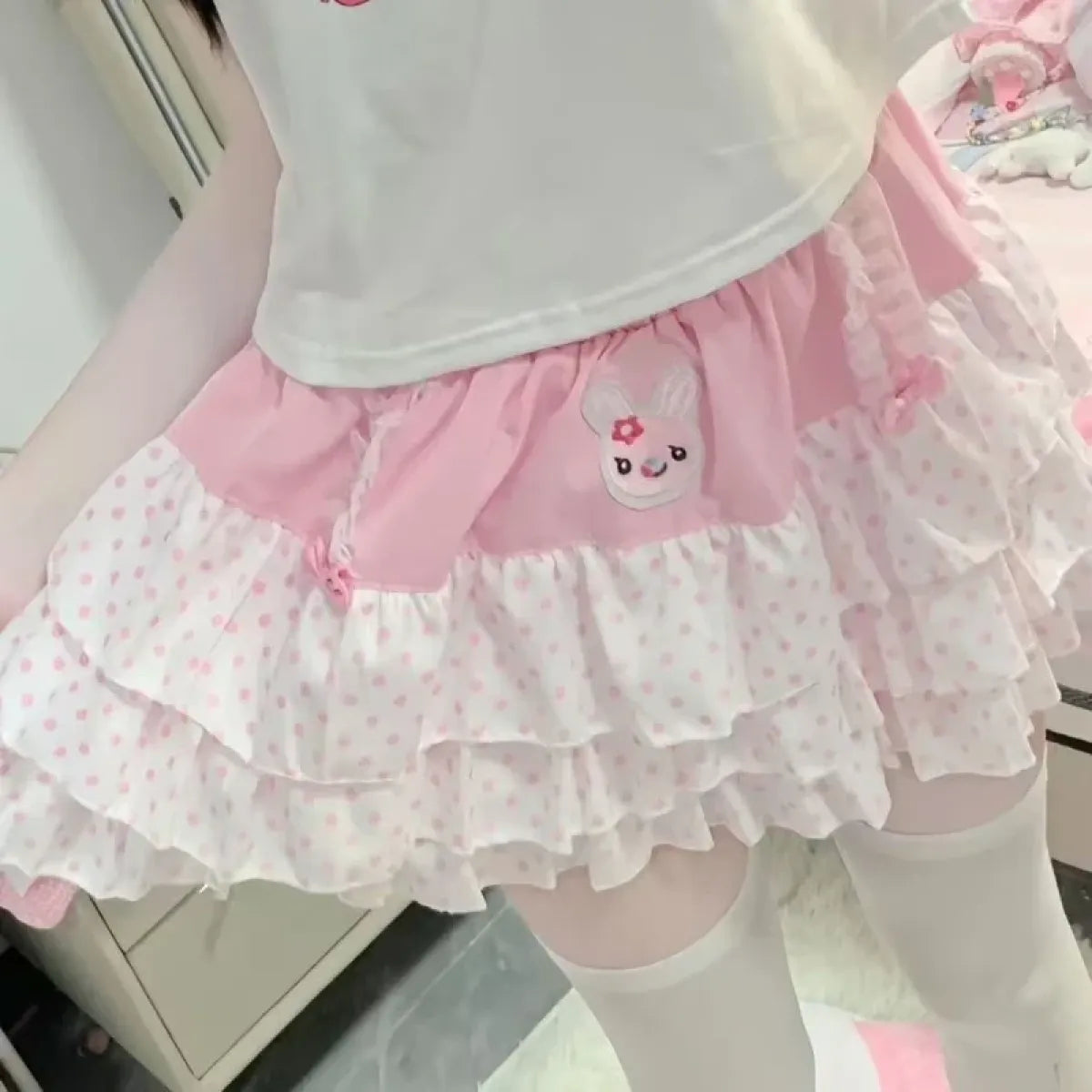 Sweet Pink Polka Dot Elastic Waist Mini Skirt - Bottoms - Mini Skirt - 5