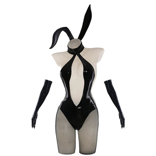 Japanese Bunny Girl Cosplay - Hollow V-Neck PU Leather Bodysuit