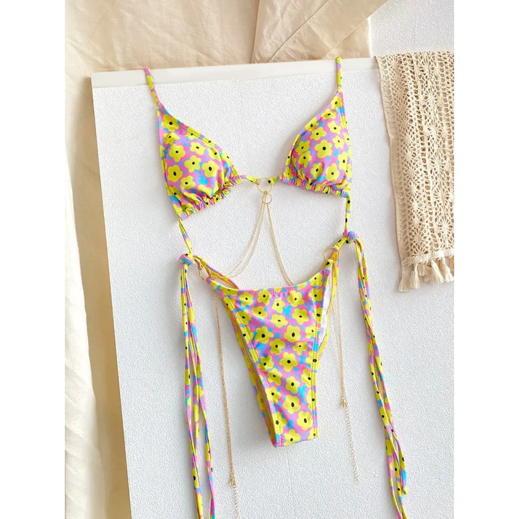 Triangle Chain Print Micro Thong Bikini Set - Swimsuits - Swimsuit / Bikini / One-Piece Swimwear - 4