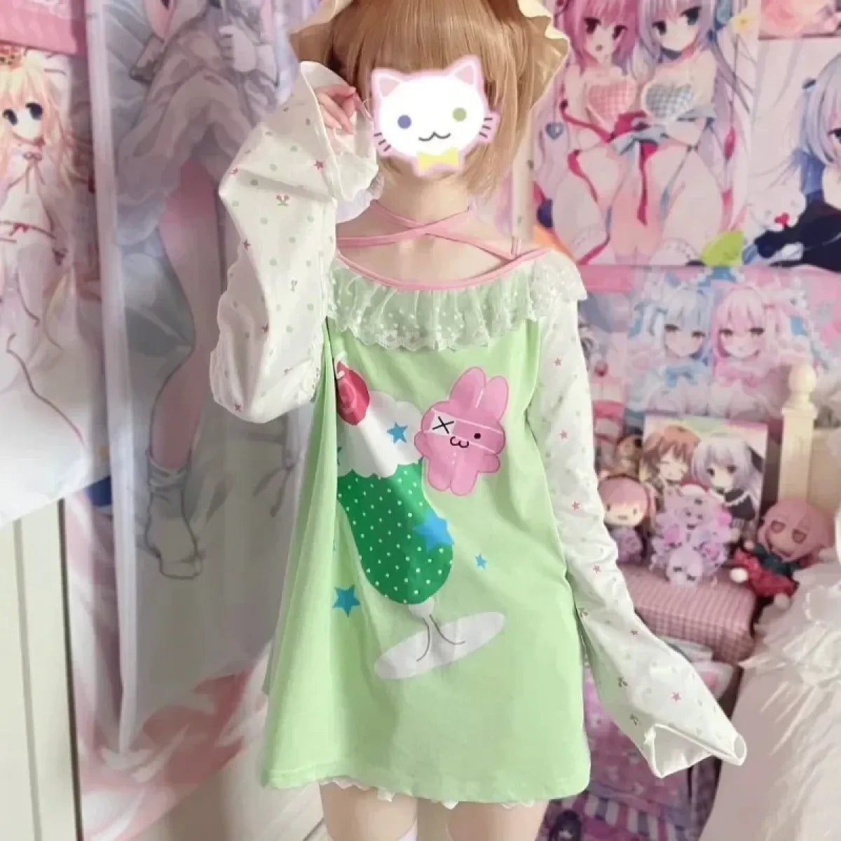 Sweet Kawaii Cartoon Print Slash Neck Tee - T-Shirts - T-Shirt - 6