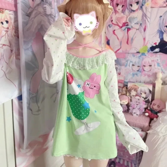 Sweet Kawaii Cartoon Print Slash Neck Tee - T-Shirts - T-Shirt - 6