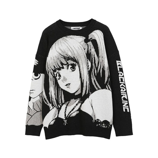 Manga Muse Knit Sweater – Monochrome Anime-Inspired Oversized Pullover