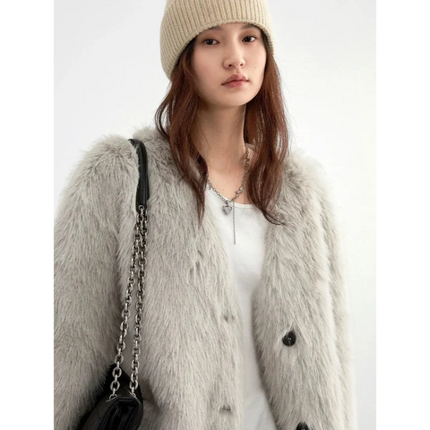 Korean V-Neck Plush Faux Fur Jacket - Women’s - Jacket - 1