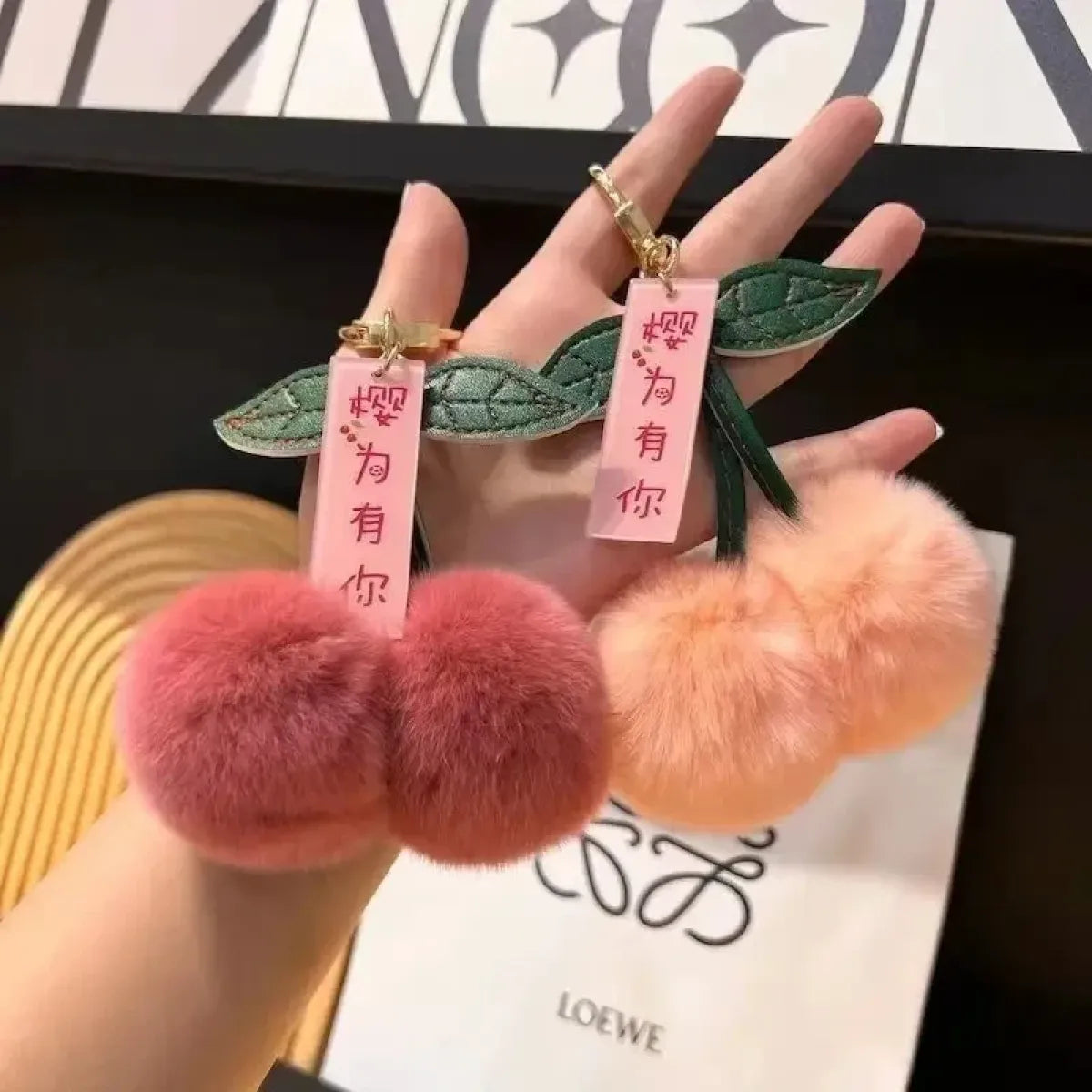 Fluffy Rabbit Fur Cherry Pom Pom Keychain Charm - Accessories - Accessory - 5