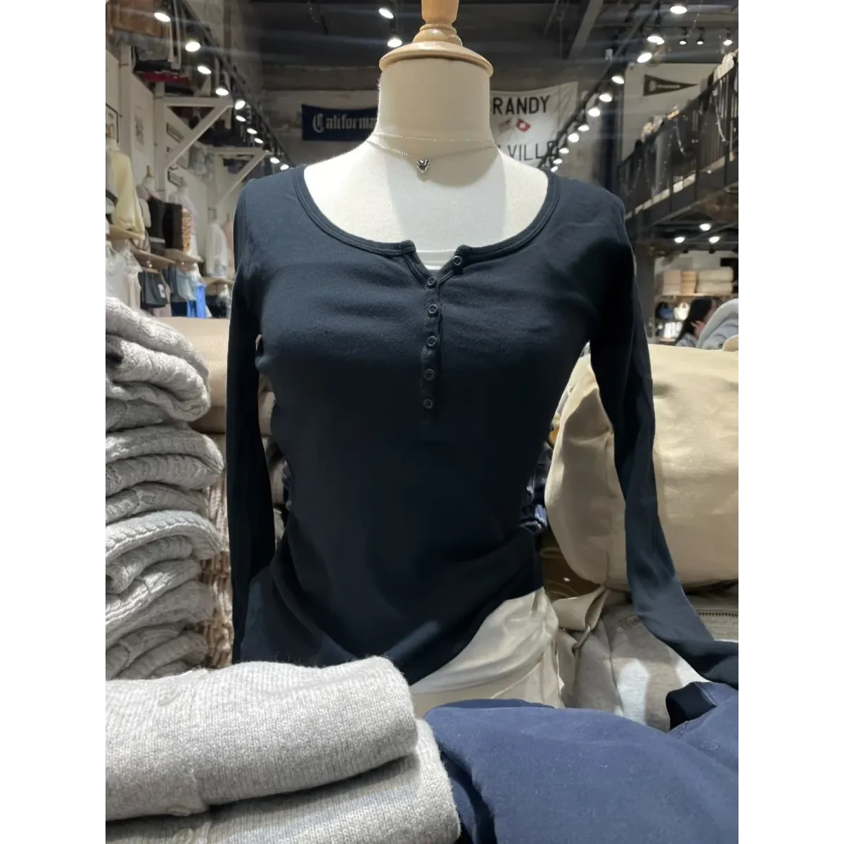 Six Button Ribbed Long Sleeve Slim Tee - T-Shirts - T-Shirt - 23