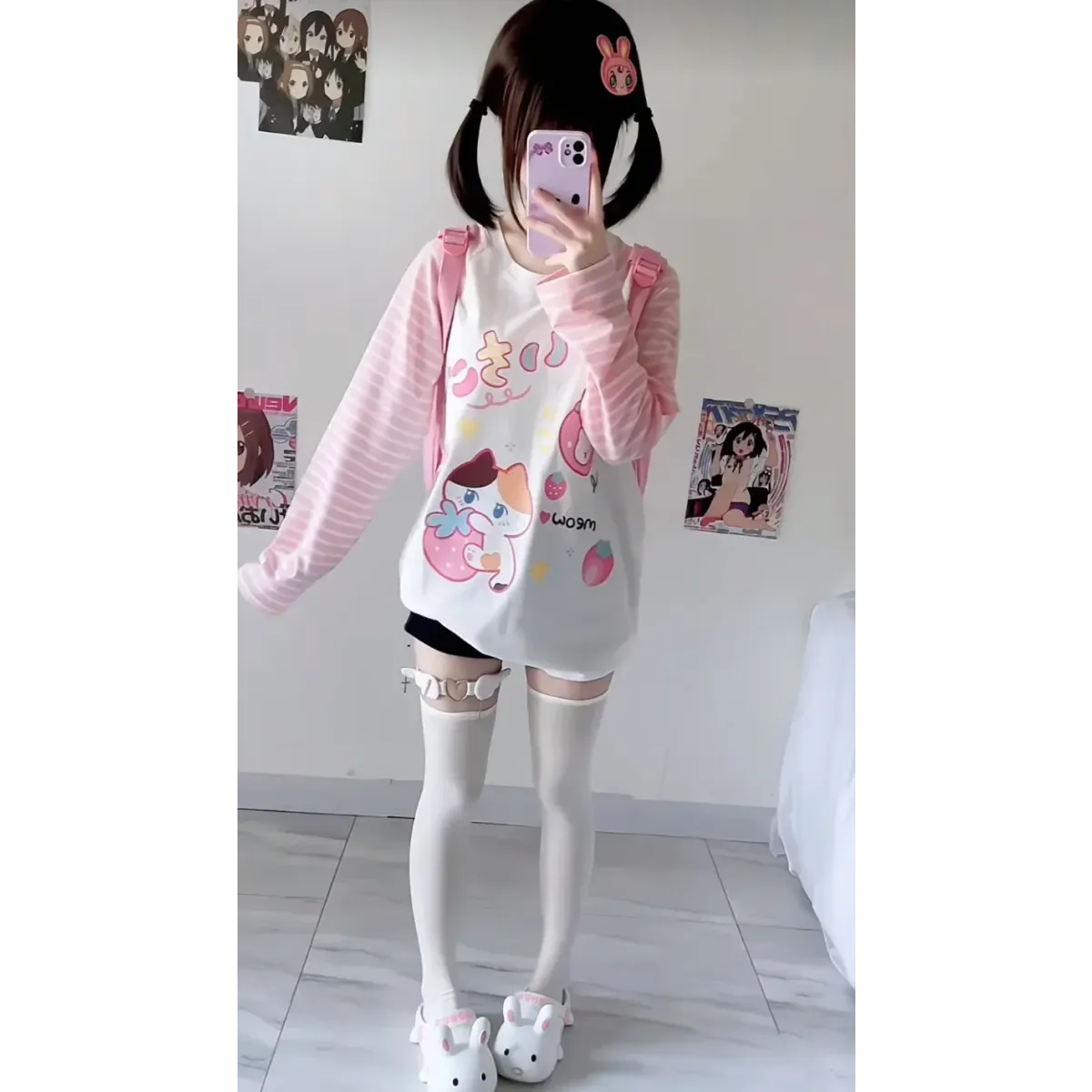 Pink Striped Cartoon Long Sleeve Graphic Tee - T-Shirts - T-Shirt - 6