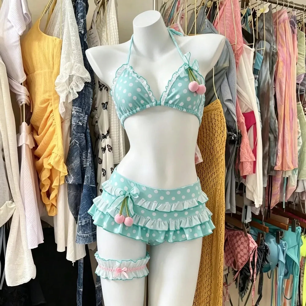 Summer Polka Dot Y2K Bikini Set With Tiered Skirt - Bottoms - Swimsuit / Bikini / One-Piece Swimwear - 1