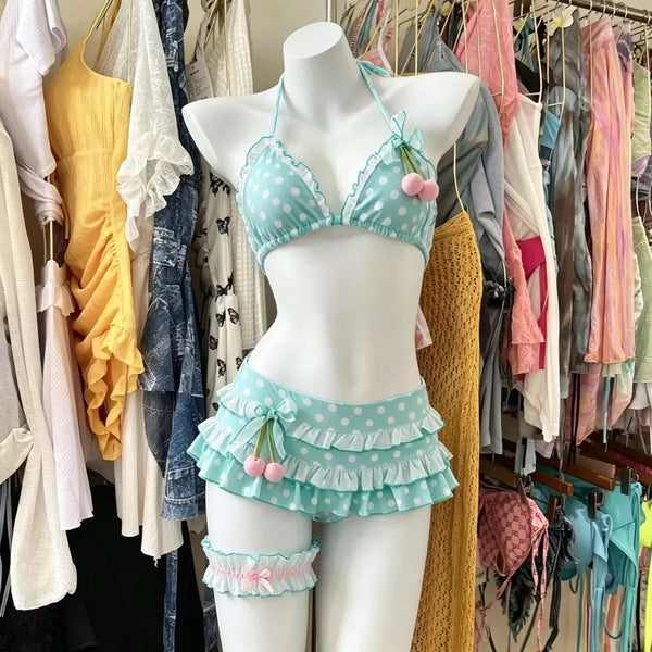 Summer Polka Dot Y2K Bikini Set With Tiered Skirt