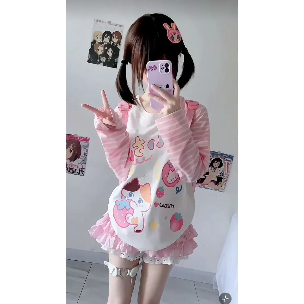 Pink Striped Cartoon Long Sleeve Graphic Tee - T-Shirts - T-Shirt - 5
