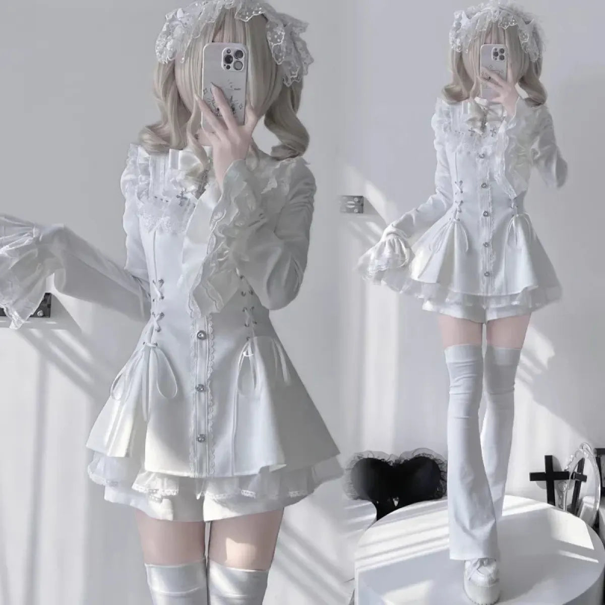 Japanese Gothic Lolita Y2K Lace Mini Dress Set - All Dresses - Lolita Dress - 1