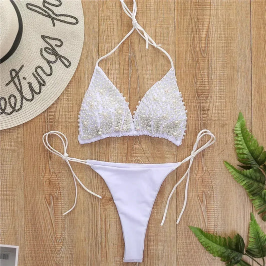 Pearl String Thong Bikini Y2K Halter Set - Swimsuits - Swimsuit / Bikini / One-Piece Swimwear - 6