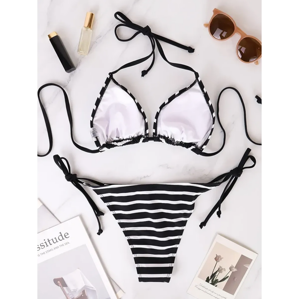 Black & White Striped Triangle Bikini Set - Swimsuits - Swimsuit / Bikini / One-Piece Swimwear - 2