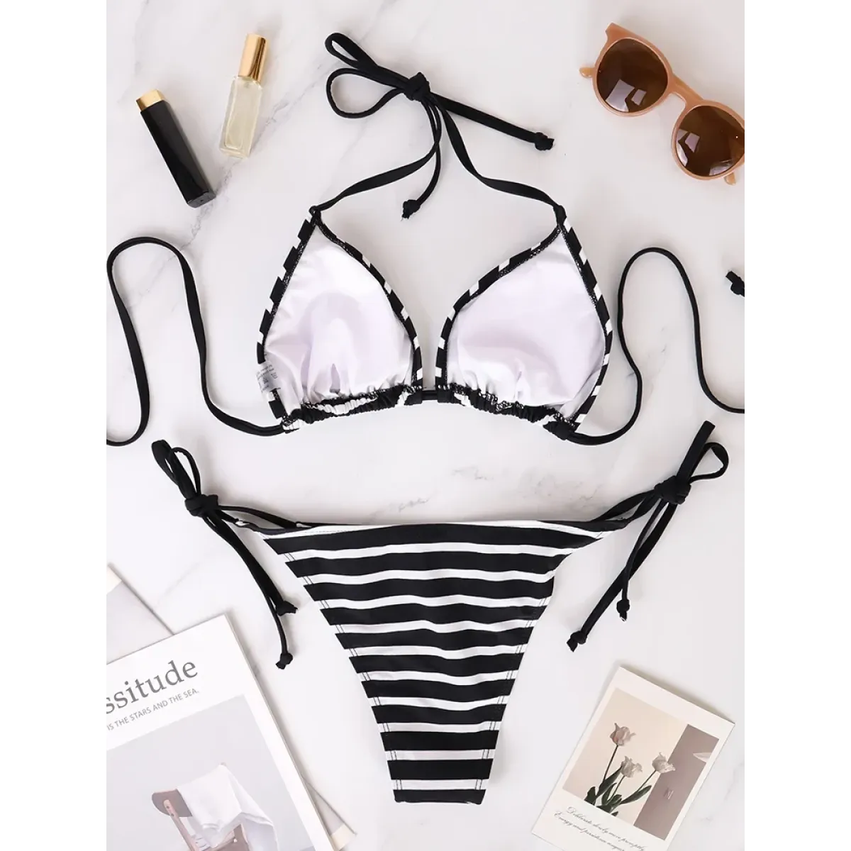 Black & White Striped Triangle Bikini Set - Swimsuits - Swimsuit / Bikini / One-Piece Swimwear - 2
