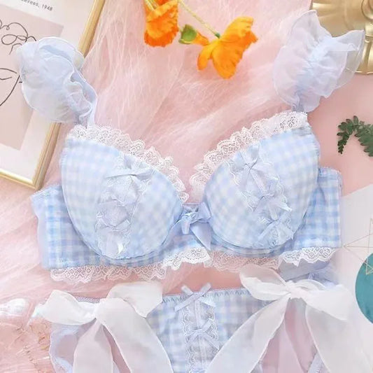 Kawaii Plaid Lace Bra Set - Cute Loli Style Underwear for Women