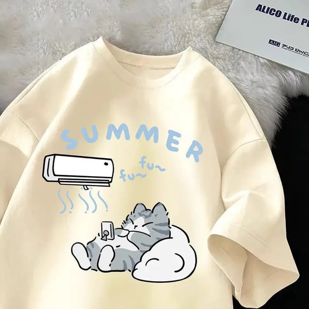 Japanese Cartoon Cat Print Loose T-Shirt - Dresses - T-Shirt - 1