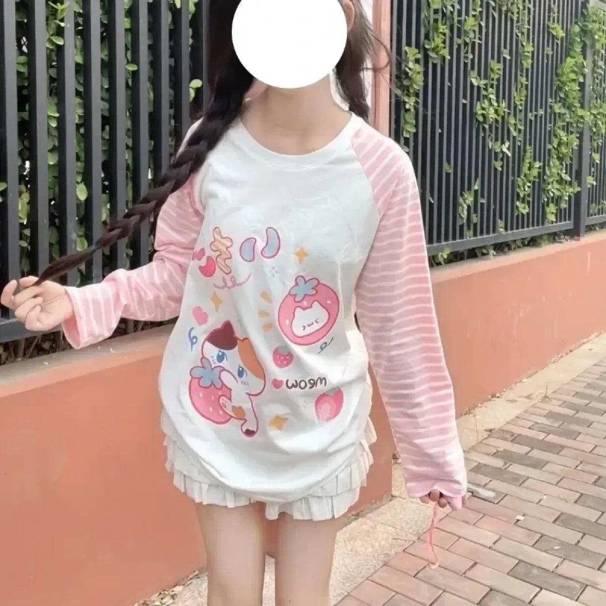 Pink Striped Cartoon Long Sleeve Graphic Tee - T-Shirts - T-Shirt - 3