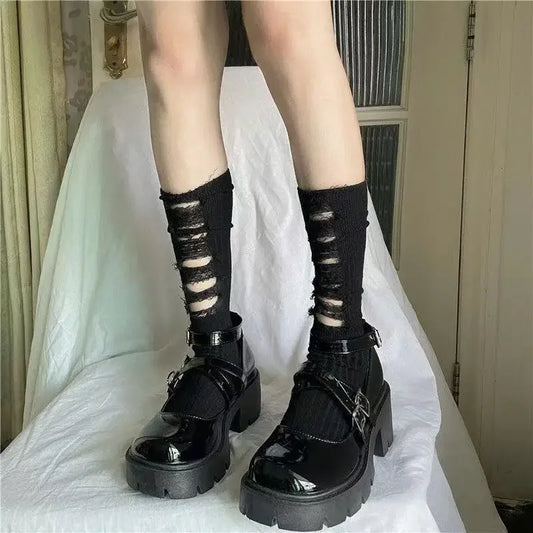 Gothic Ripped Mid Tube Socks - Y2K Punk Harajuku Knitted Socks - Kawaii Stop - Alternative Fashion, Cosplay Essentials, Dark Aesthetic, Edgy Accessories, Fashion Rebel, Gothic Ripped Mid Tube Socks, Harajuku Socks, Knitted Socks, One Size Fits Most, Polyester Acrylic Blend, Solid Color, Unique Fashion Statement, Versatile Styling