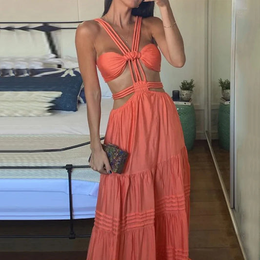 Ellafads Women Long Dresses Summer Fashion Sexy Strap Sleeveless Backless Hollow Out Pleated Solid Beach Party Dress Streetwear