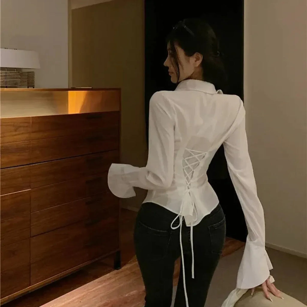 White Bell Sleeve Slim Fit Blouse - Women’s Clothing & Accessories - Blouse - 2