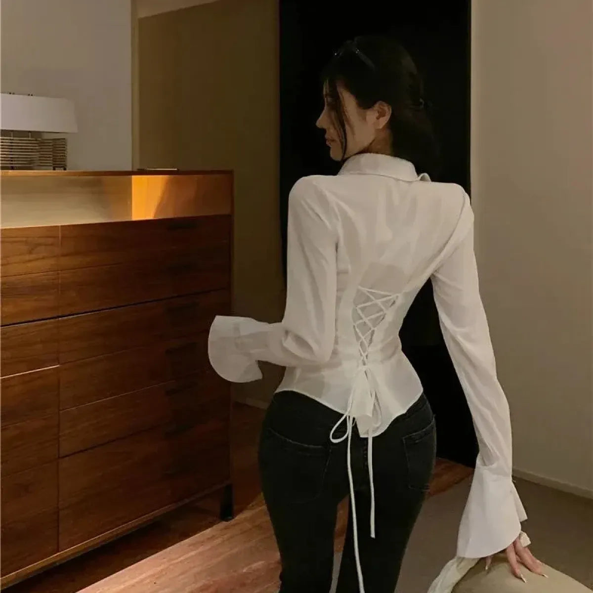 White Bell Sleeve Slim Fit Blouse - Women’s Clothing & Accessories - Blouse - 2