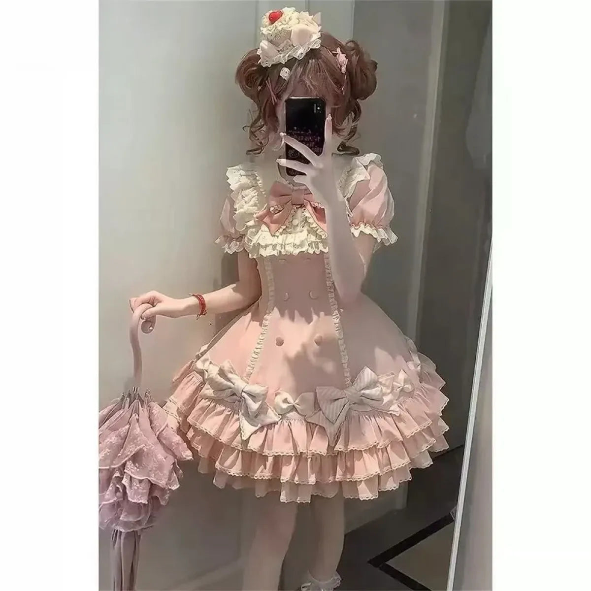 Sweet Lolita Pink Bow Ruched Mini Dress - All Dresses - Lolita Dress - 4