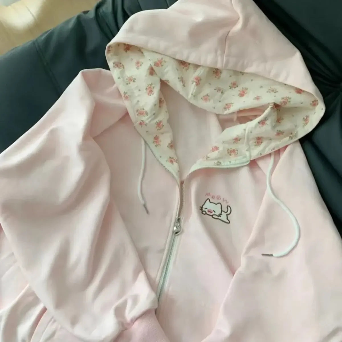 Cat Floral Embroidered Zip Hoodie - Women’s - Hoodie - 6