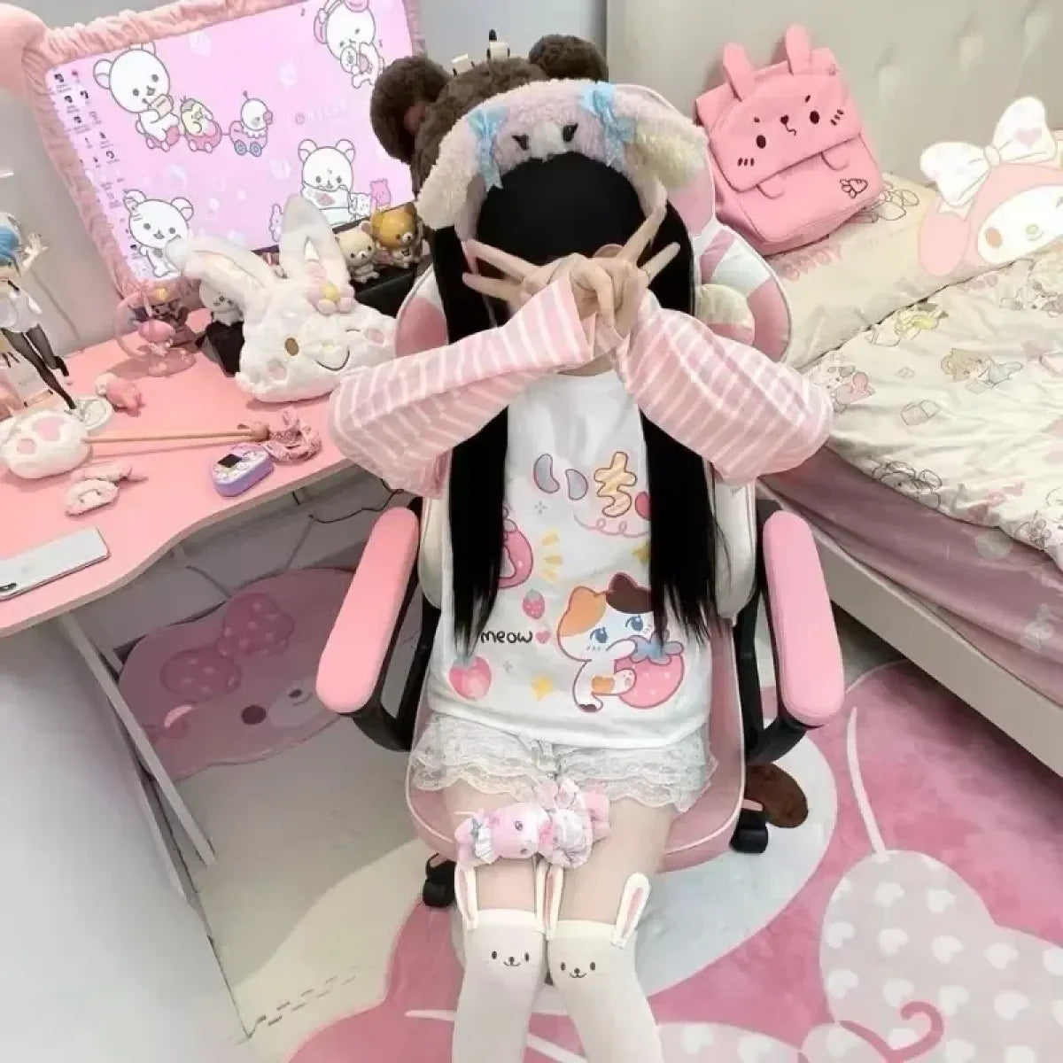 Pink Striped Cartoon Long Sleeve Graphic Tee - T-Shirts - T-Shirt - 4