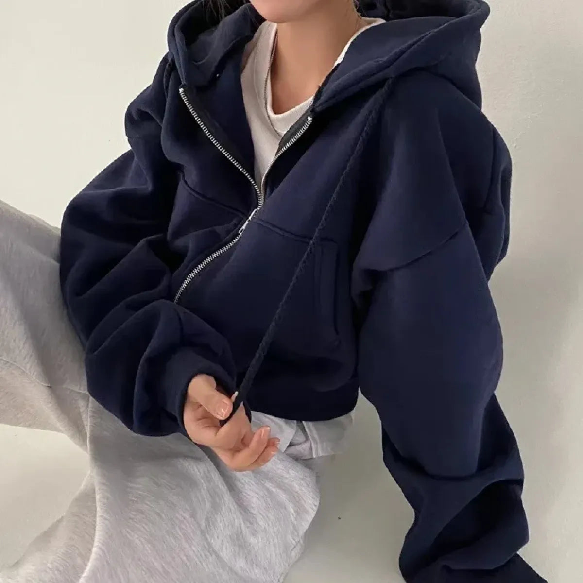 Navy Blue Cropped Hooded Zip Sweatshirt - T-Shirts - Hoodie - 5