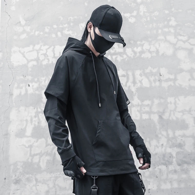 Harajuku Slim Techwear Hoodie with Fake Layer Detail - Kawaii Stop - Autumn, Casual Style, Fashion Statement, Hooded, Men's and Women's Clothing, Men's Hoodies, Men's Techwear, Seasonal Wear, Slim Fit, Slim Hoodie, Spring, Techwear
