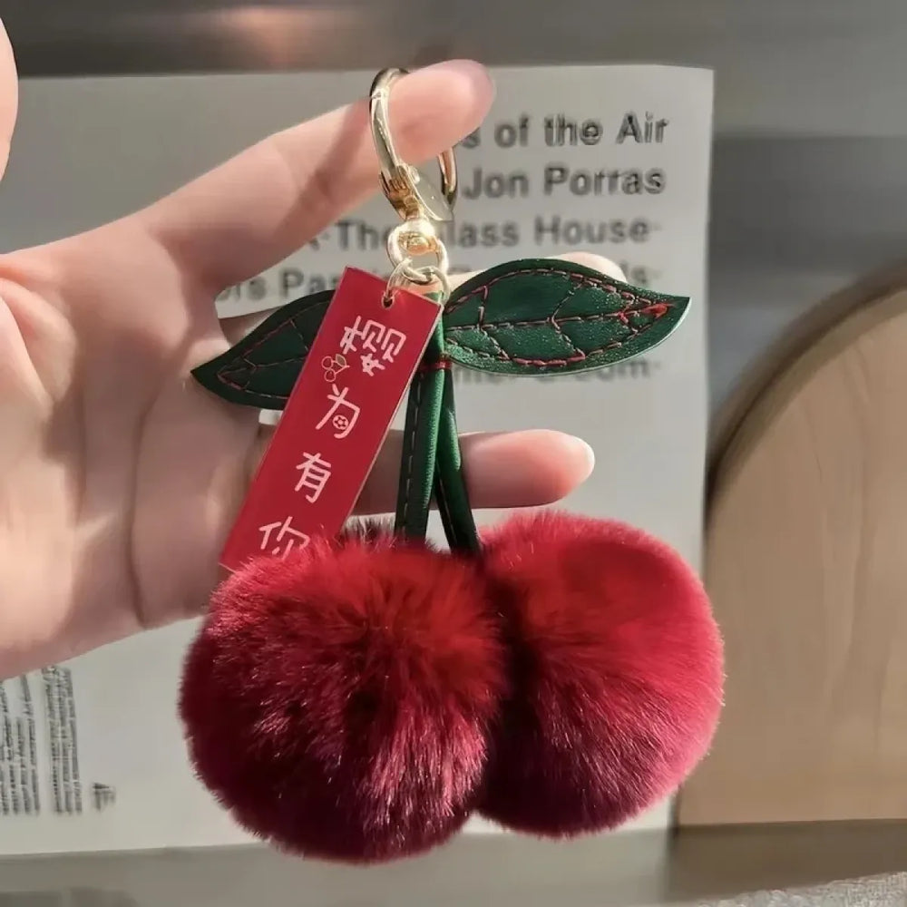 Fluffy Rabbit Fur Cherry Pom Pom Keychain Charm - Accessories - Accessory - 1