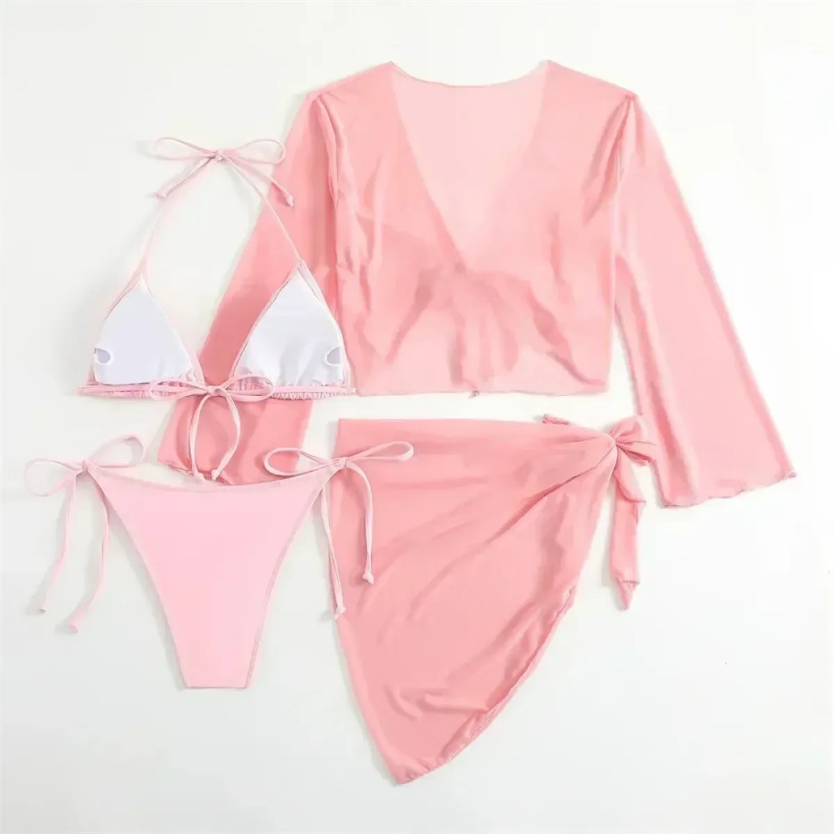 Pink Y2K 4-Piece Halter Bikini Set - Swimsuits - Swimsuit / Bikini / One-Piece Swimwear - 2
