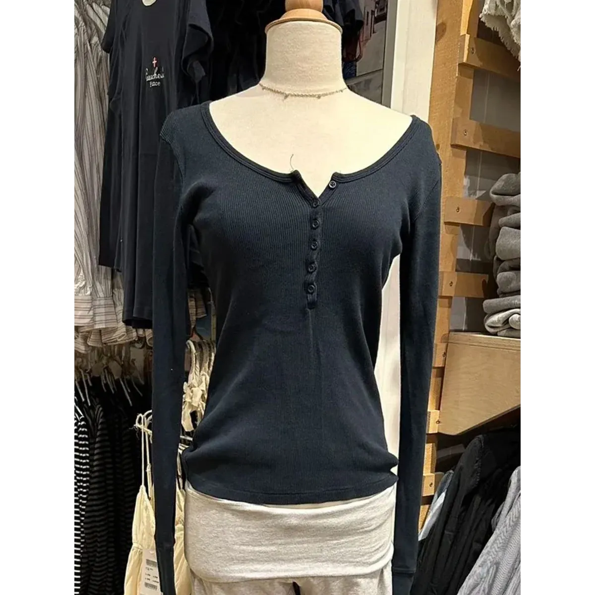 Six Button Ribbed Long Sleeve Slim Tee - T-Shirts - T-Shirt - 8