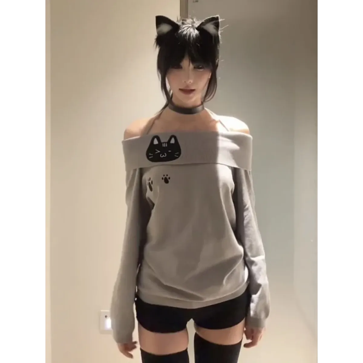 Kawaii Cat Embroidered Off Shoulder Slim T-Shirt - Dresses - T-Shirt - 4