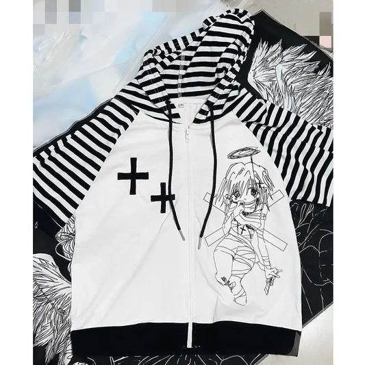 Striped Hooded T-Shirt – Harajuku Cartoon Print Loose Zip-Up Tee