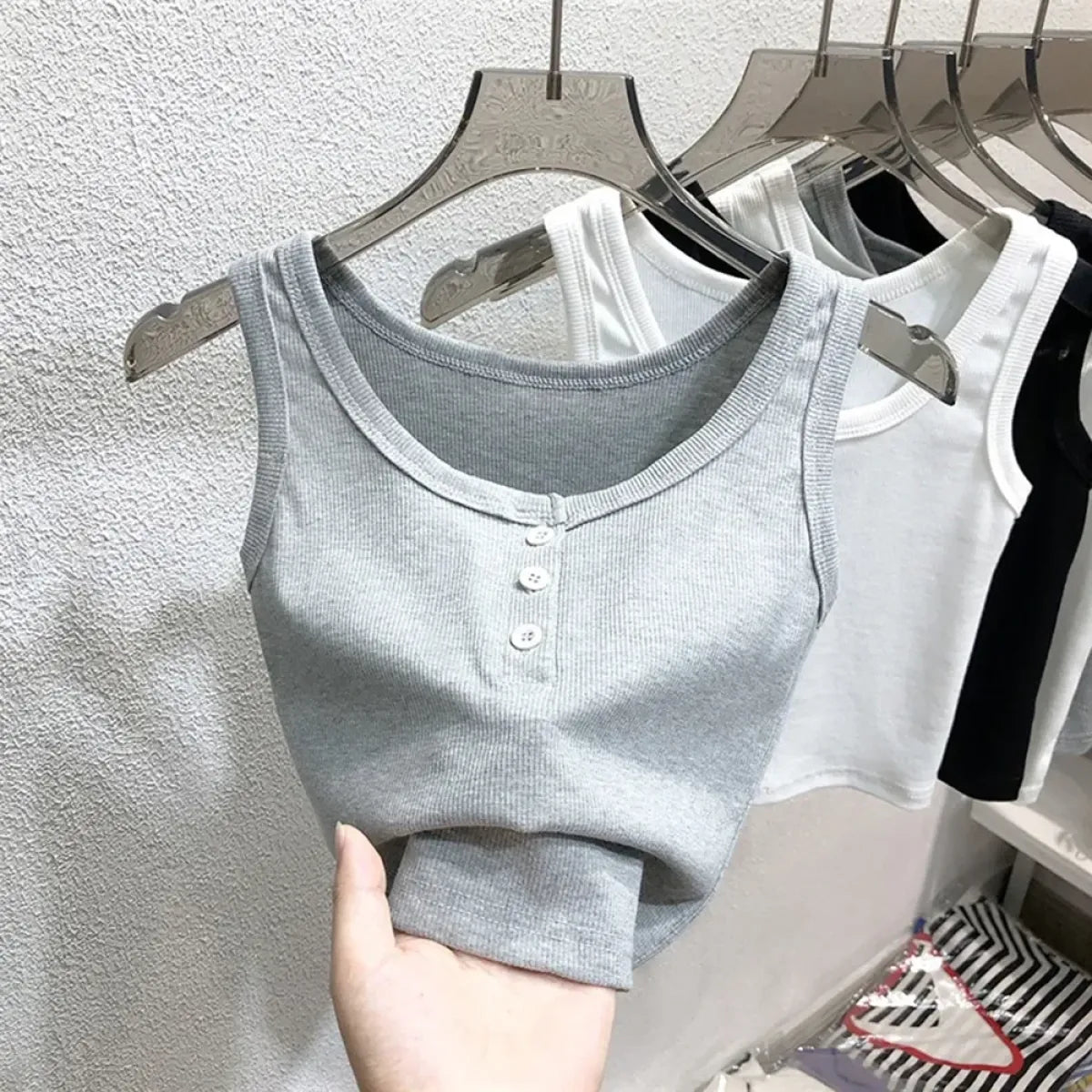Ribbed Button Down Sleeveless Tank Top - Women’s Clothing & Accessories - Tank Top / Cami - 22