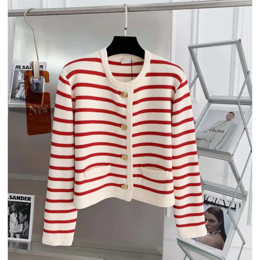Striped Knit O-Neck Cropped Cardigan - Women’s Clothing & Accessories - Cardigan - 3