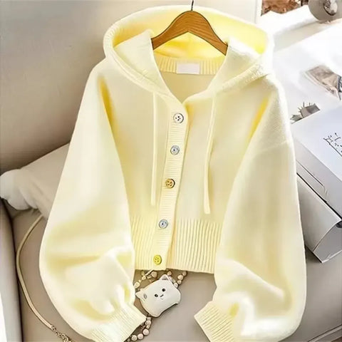 Bright Yellow Hooded Knit Cardigan - Sweaters - Cardigan - 1