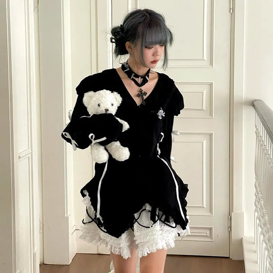 Japanese Y2K Black Lace Shirt - Gothic Fairy Harajuku Irregular Blouse