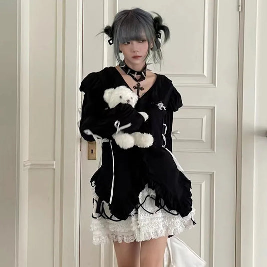 Japanese Y2K Black Lace Shirt - Gothic Fairy Harajuku Irregular Blouse