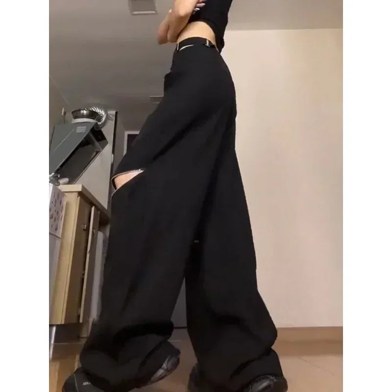 Black Gothic Cargo Pants - Oversized Harajuku Techwear - Kawaii Stop - Ankle-Lengt, Cargo Pants, Gothic, Harajuku Fashion, Loose Fit, Polyester, Techwear, Women
