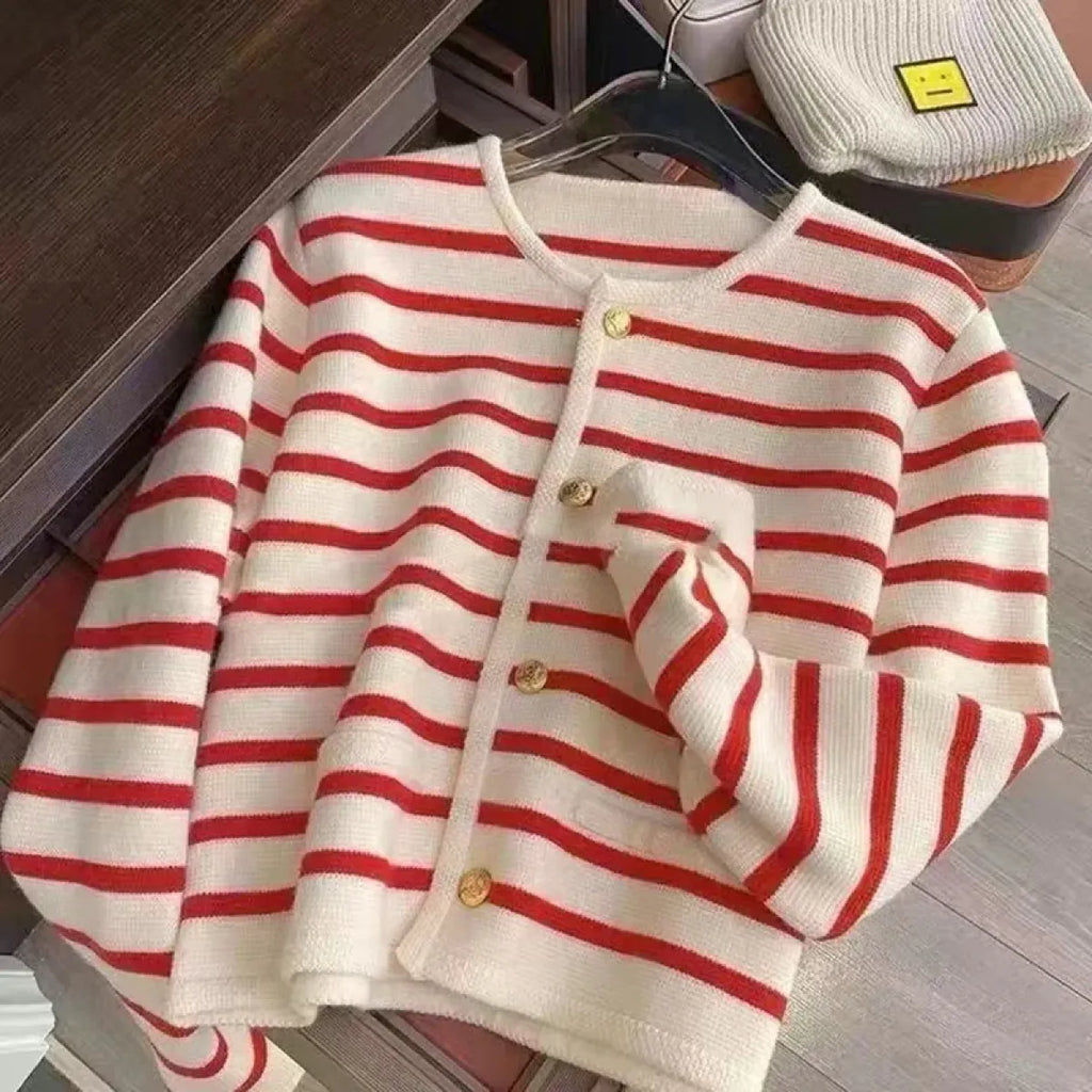 Striped Knit O-Neck Cropped Cardigan - Women’s Clothing & Accessories - Cardigan - 9