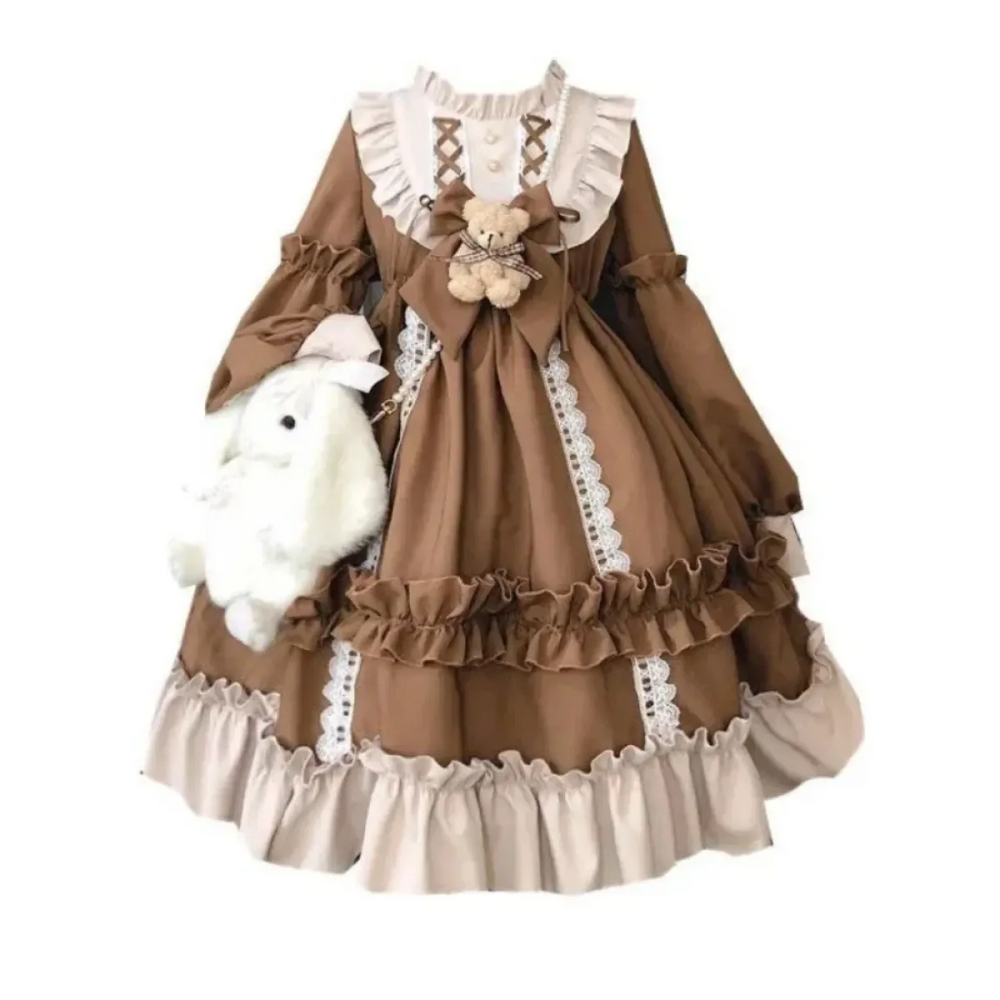 Kawaii Bear Bow Lantern Sleeve Lolita Dress - All Dresses - Lolita Dress - 1