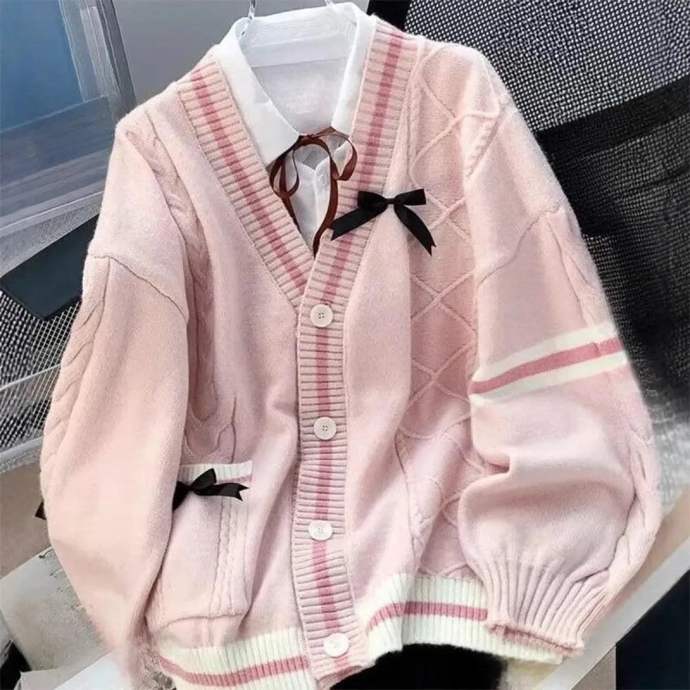 Sweet Bow Contrast V-Neck Preppy Cardigan - Dresses - Cardigan - 1