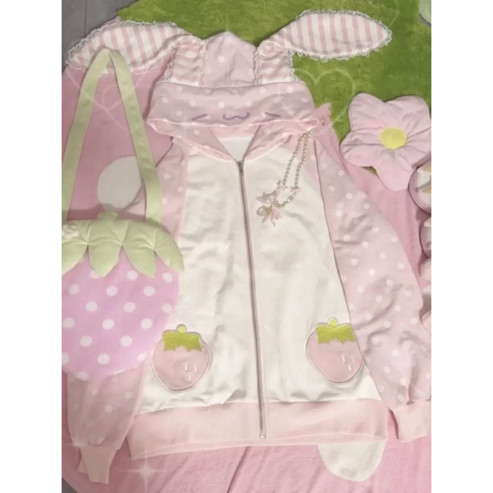 Kawaii Rabbit Ear Lace Patchwork Zip Hoodie - Dresses - Hoodie - 1
