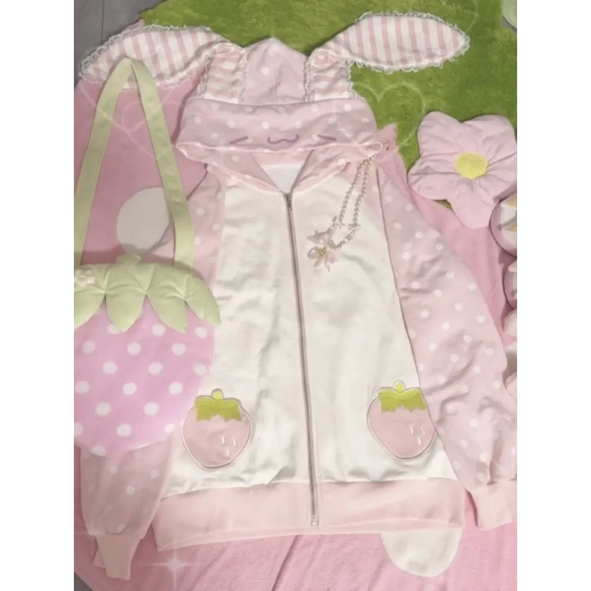 Kawaii Rabbit Ear Lace Patchwork Zip Hoodie - Best Sellers - Hoodie - 1