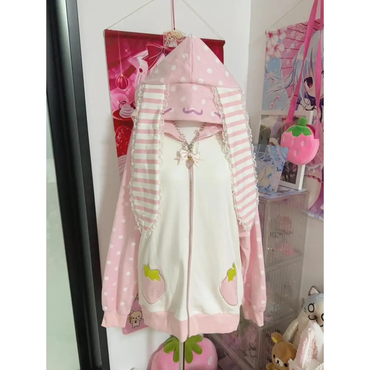 Sweet Kawaii Strawberry Patchwork Hoodie Coat - All Dresses - Coat - 1
