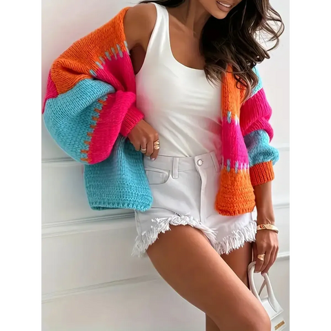 Rainbow Knit V-Neck Lantern Sleeve Cardigan - Women’s Clothing & Accessories - Cardigan - 1