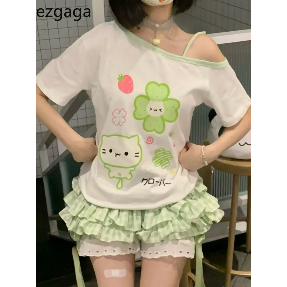 Harajuku Y2K Off Shoulder Cartoon T-Shirt - Dresses - T-Shirt - 1