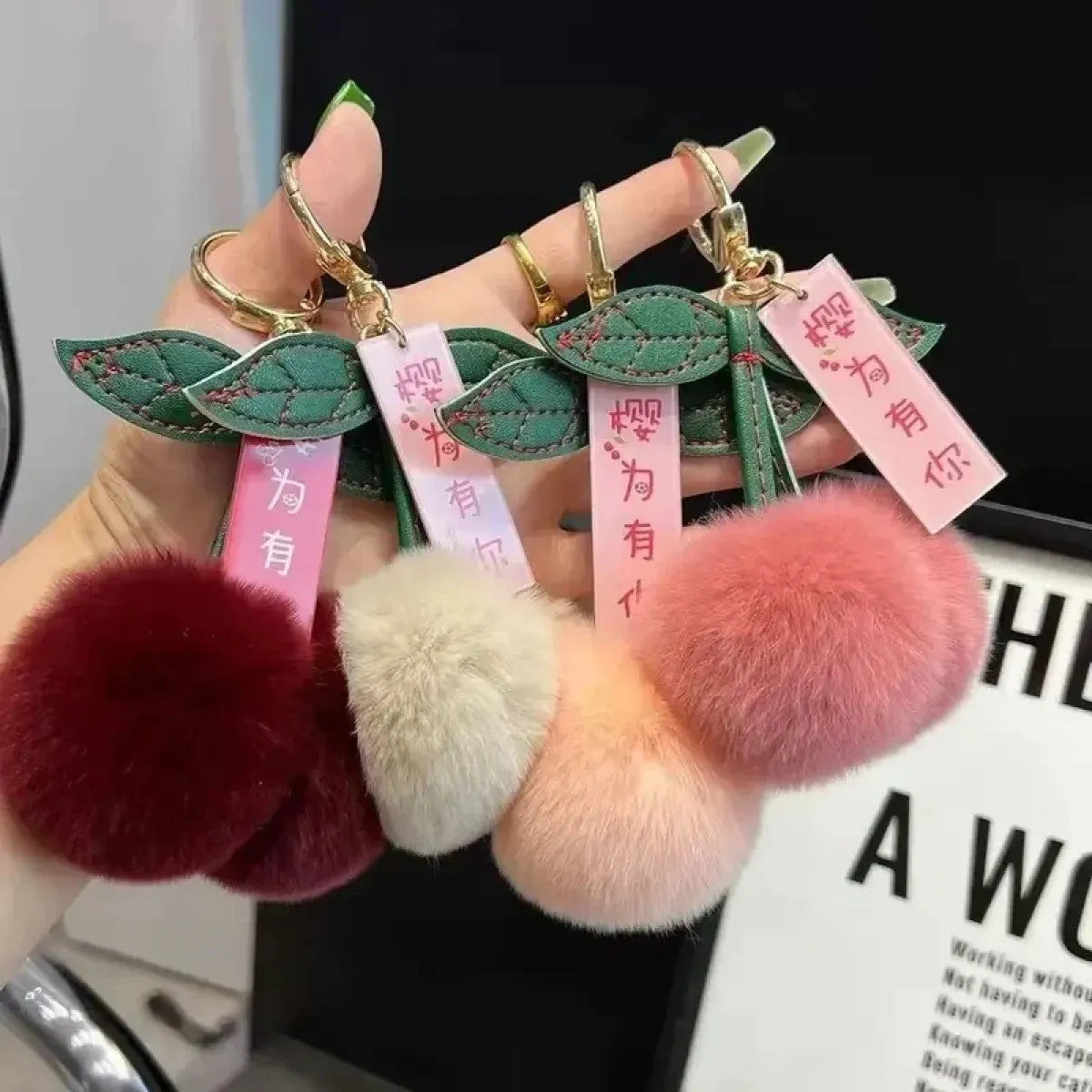 Fluffy Rabbit Fur Cherry Pom Pom Keychain Charm - Accessories - Accessory - 4