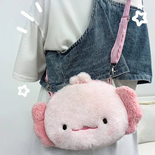 Plush Backpack Messenger Bag - Kawaii Stop - Accessories, Adventure, Ambystoma Mexicanum, Comfort, Fashion, Messenger Bag, Multi-Purpose, Organize, Plush Backpack, Plush Material, Quirky, School, Statement Piece, Storage Bags, Style, Three-dimensional, Trendy, Weekend Getaway, Work